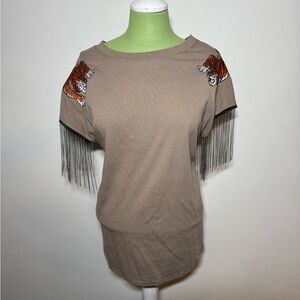 Embroidered Fringe Sleeve Top - Tiger